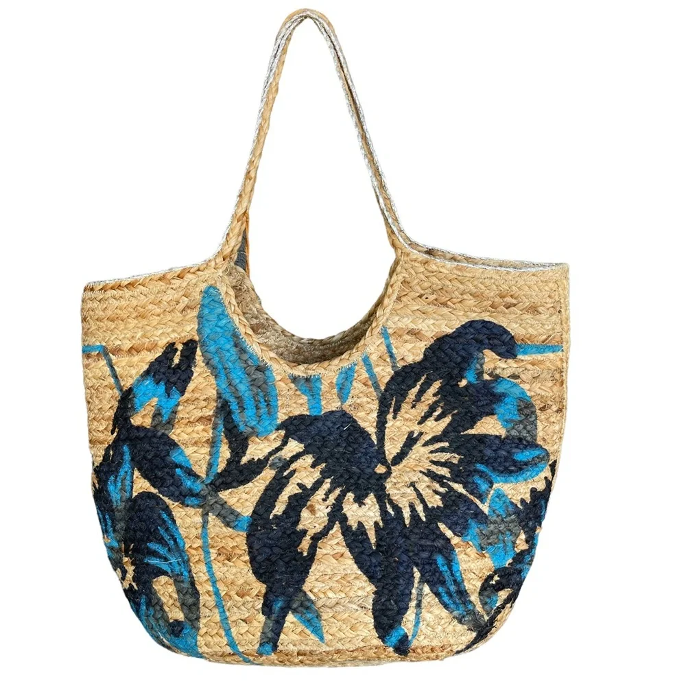 Woven Straw Tote Bag with Blue Floral Print and Tassel